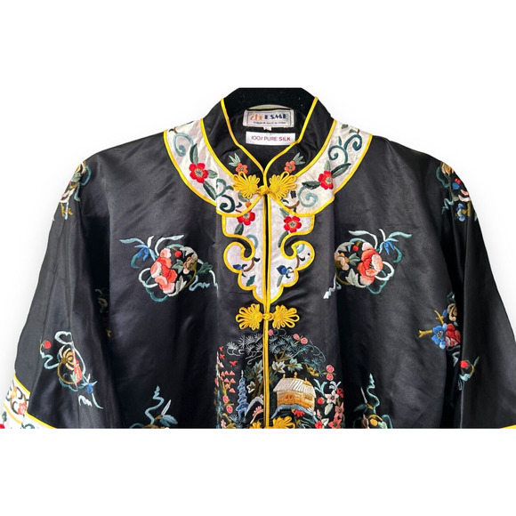 Vintage Chinese ESME Embroidered 100% Silk Circa 1950's Mandarin Kimono Robe L - Picture 2 of 16